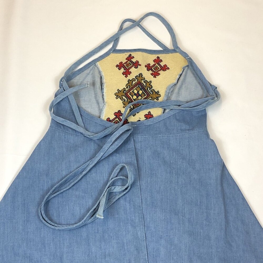 Slantzi Craft Vintage Denim Wrap Dress Embroidered Apron Style Stowe VT Small - Picture 8 of 10